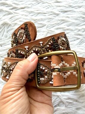 Lucky Brand Beaded Embroidered Leather Belt Tan Boho Western Festival Medium M
